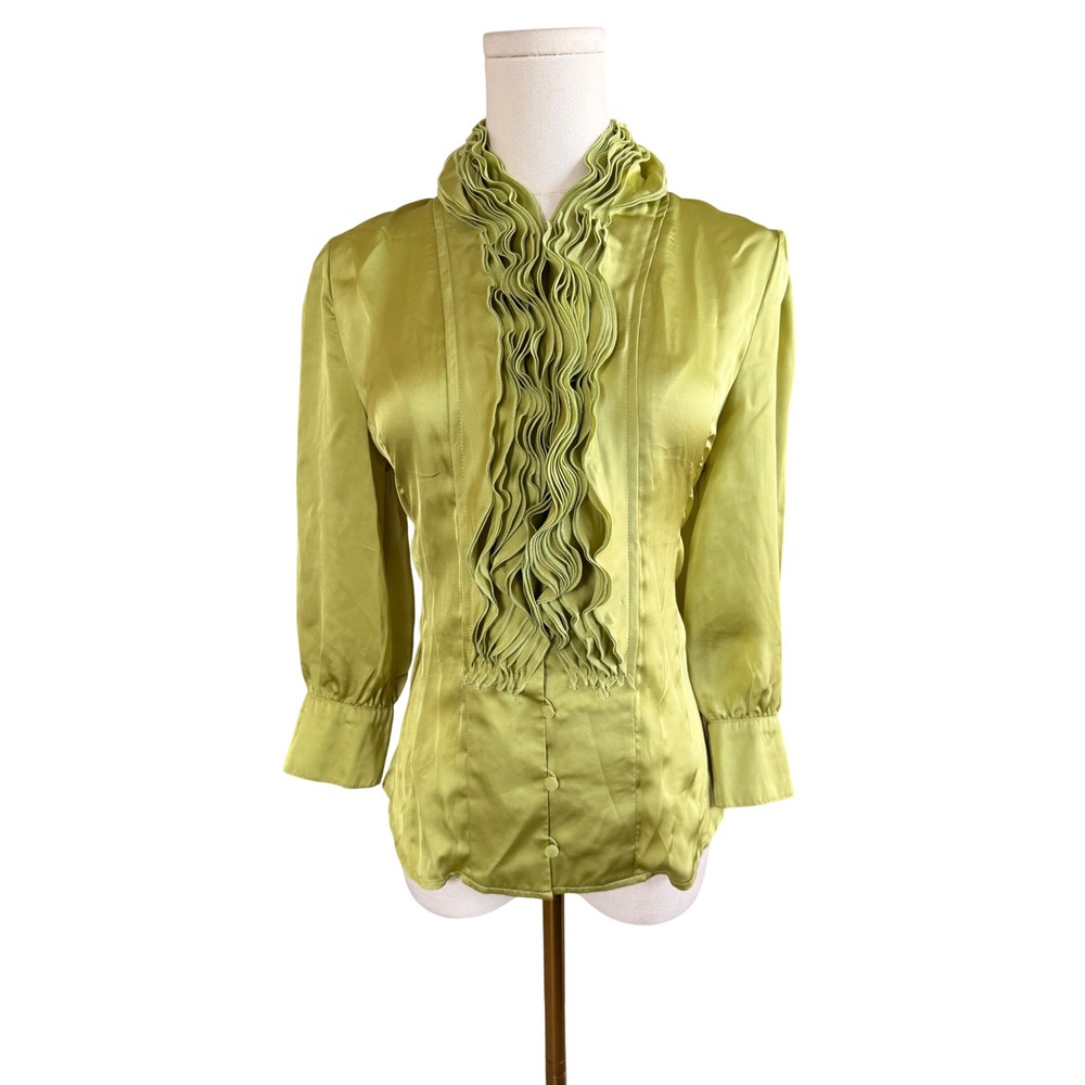 Lapis Lime Green Satin Ruffle Jabot Collar Blouse Long Sleeve Size M
